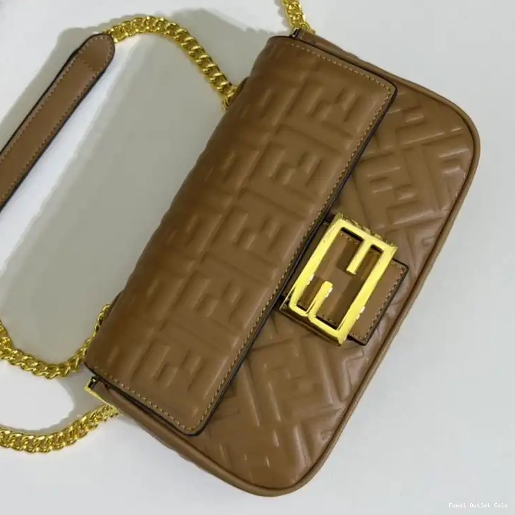 Cheap Chain Fendi FF Midi Bag Nappa In Motif Leather Brown Baguette 0609